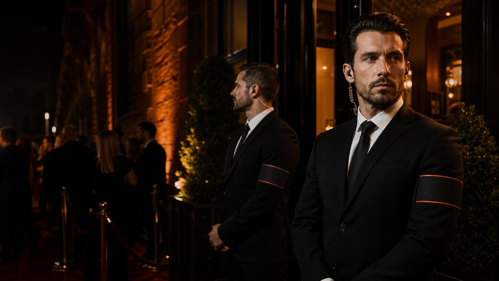 Agents de sécurité événementielle professionnels en costume avec oreillettes