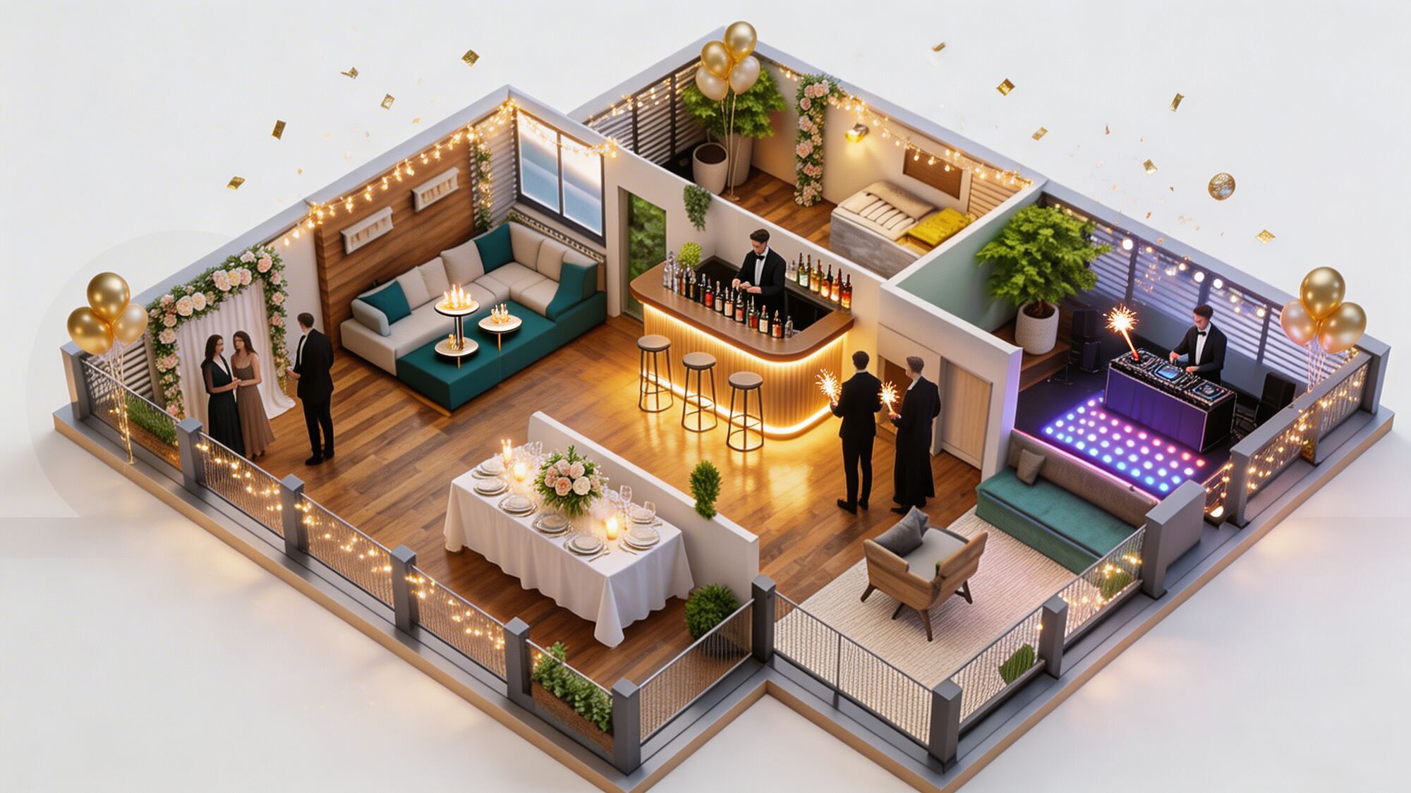 Dance floor avec DJ booth illuminé — projection IA Bloom × ORAA