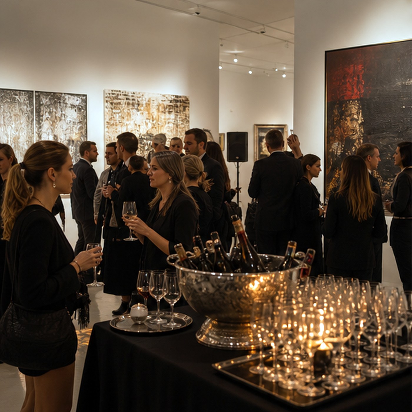Projection réaliste d'un vernissage galerie avec invités et cocktail