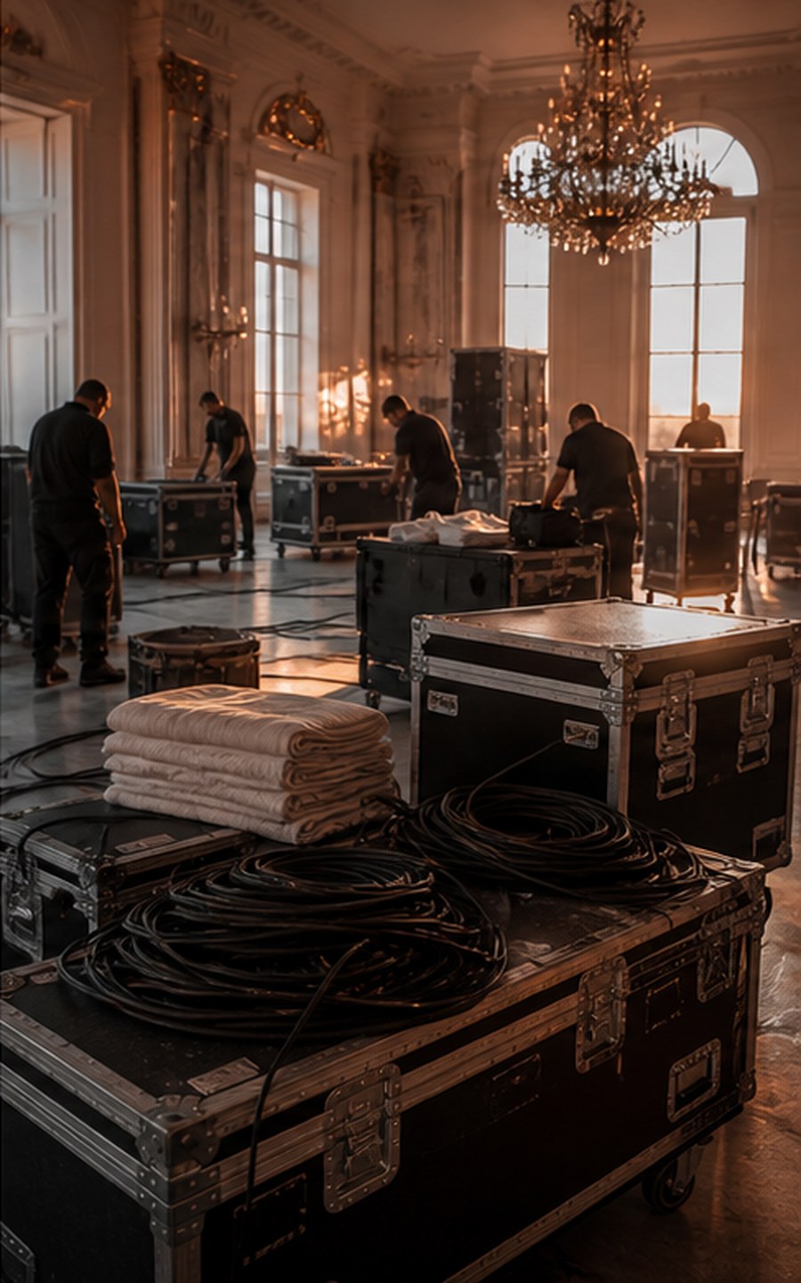 Démontage Bloom — flight cases, câbles rangés et sortie de lieu professionnelle